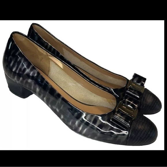 Salvatore Ferragamo Vara Patent Charcoal & Black heels EUC...